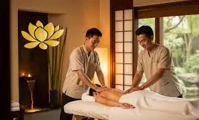 Two therapists working together during a massage